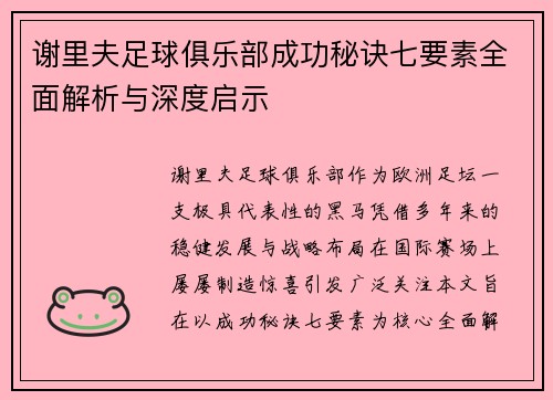 谢里夫足球俱乐部成功秘诀七要素全面解析与深度启示